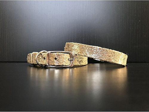 Beige with Gold Glitter - Leather Dog Collar - Size S